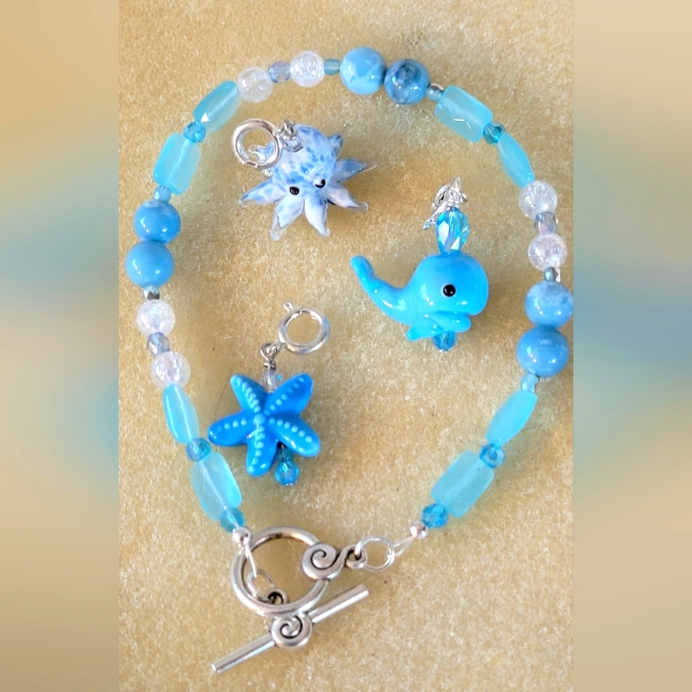Larimar, Turquoise & Crystal quartz anklet, with 3 lampwork Dangles!